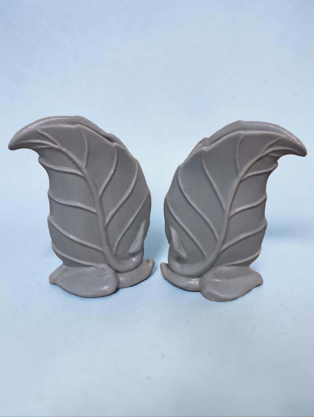 Vintage MCM Royal Haeger Pottery Leaf Vases - Dusky Periwinkle Blue  Mid Century